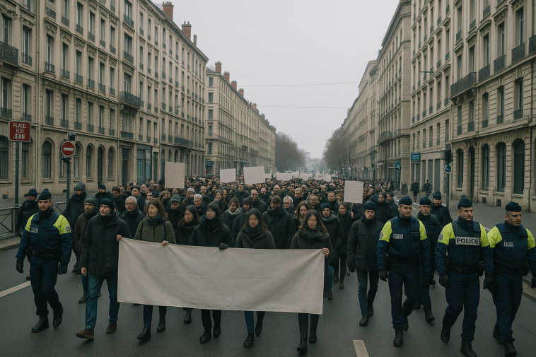 Cortège sobre à Lyon avec banderoles, présence policière, perspective urbaine hivernale