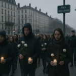 À Lyon, une marche en hommage à Quentin Deranque se tiendra sous forte surveillance Participants regroupés lors d'une marche d'hommage à Lyon, certains portant des fleurs et des bougies, police en arrière-plan pour encadrement
