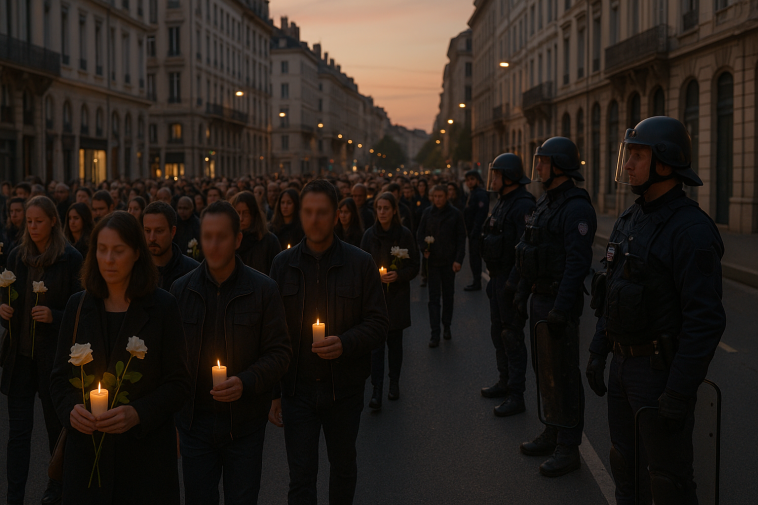 Cortège d'une marche d'hommage à Lyon, foule encadrée par forces de l'ordre, bougies et fleurs