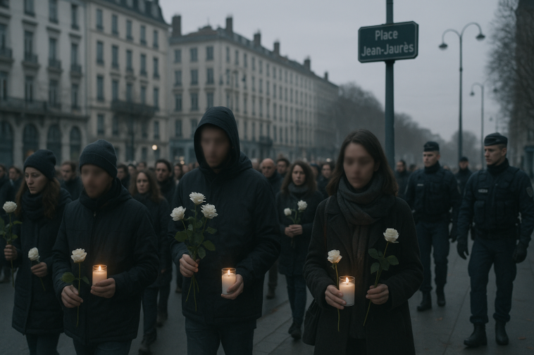 Participants regroupés lors d'une marche d'hommage à Lyon, certains portant des fleurs et des bougies, police en arrière-plan pour encadrement