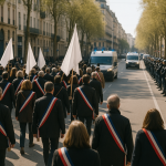 Feu vert pour la marche en hommage à Quentin Deranque : entre hommage, tensions et défi sécuritaire Vue d’une marche dans une rue de ville, cortège encadré par forces de l’ordre, visages non identifiables