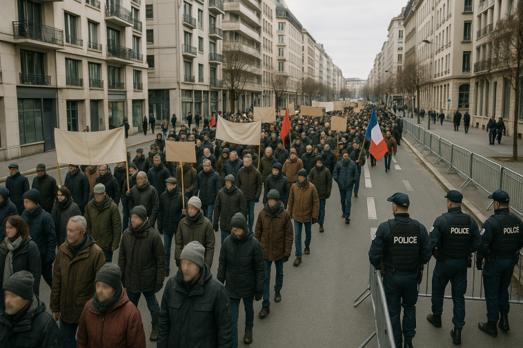 Marche d’hommage encadrée par des forces de l’ordre, vue d’ensemble, visages anonymisés
