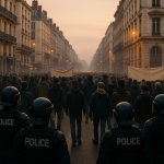 Un hommage à Lyon qui met en lumière les tensions entre extrême droite et autorités Manifestation encadrée par des policiers et foule dans une rue de Lyon au crépuscule, sans symbole politique identifiable