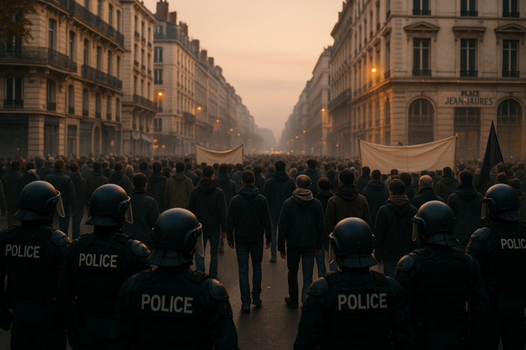 Manifestation encadrée par des policiers et foule dans une rue de Lyon au crépuscule, sans symbole politique identifiable