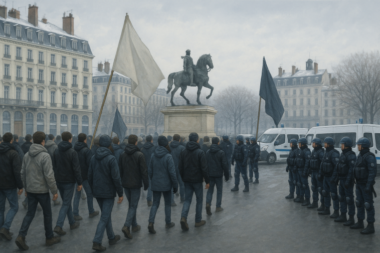 Manifestation pacifique, silhouettes de manifestants et présence policière discrète à Lyon