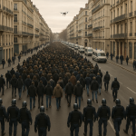 Feu vert à une marche à Lyon en hommage à Quentin Deranque, sous haute surveillance Cortège encadré par forces de l'ordre dans une rue urbaine aux abords d'une place lyonnaise, vu d'un léger plan élevé