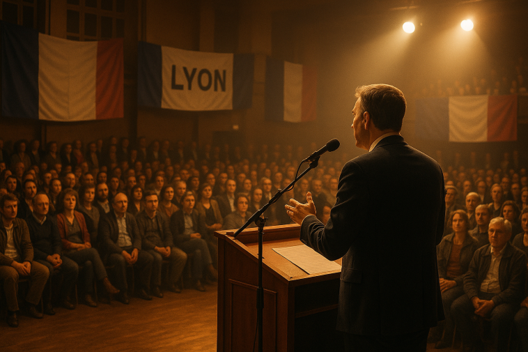 Rassemblement politique à Lyon, vue du public et de la scène, sans visage identifiable du leader
