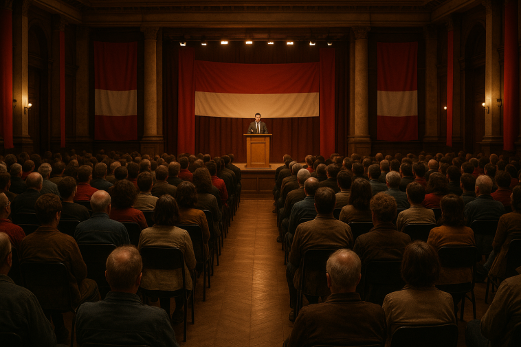 Vue d’un meeting politique intérieur : une salle de réunion pleine, un podium avec micros, banderoles neutres et public attentif, sans visages reconnaissables