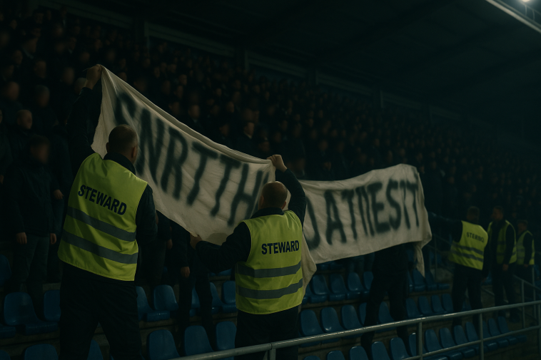 Tribune de stade éclairée le soir, intervention de stadiers près de banderoles partiellement déployées, visages floutés, sans logos