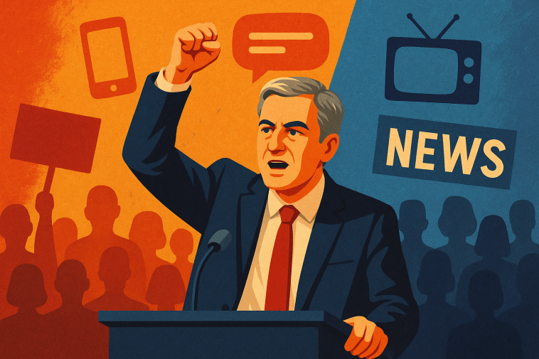 Illustration stylisée d'un orateur politique au geste énergique devant un écran de médias et une foule en silhouette, couleurs tricolores discrètes