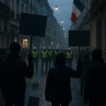 Rue urbaine de nuit avec manifestants flous, présence calme de forces de l'ordre, drapeau tricolore en arrière-plan, visages non reconnaissables