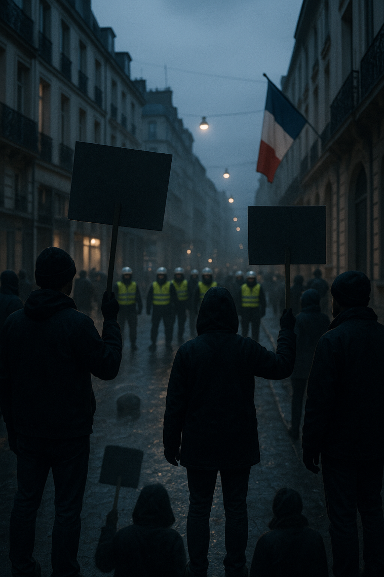 Rue urbaine de nuit avec manifestants flous, présence calme de forces de l'ordre, drapeau tricolore en arrière-plan, visages non reconnaissables