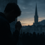 Silhouette d'un jeune homme en prière, foule floue et skyline de Lyon au crépuscule
