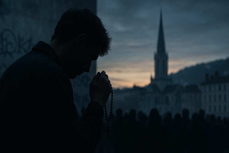 Silhouette d'un jeune homme en prière, foule floue et skyline de Lyon au crépuscule