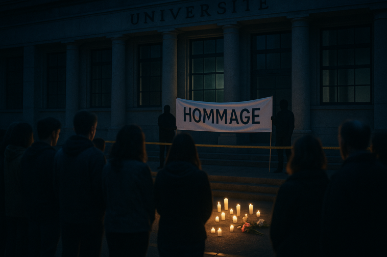 Veillée à la bougie devant une façade universitaire la nuit, silhouettes anonymes, ambiance solennelle