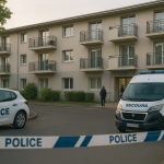 Façade d'une résidence pour seniors ceinturée par un ruban de police, avec véhicules de secours stationnés, sans personnes reconnaissables