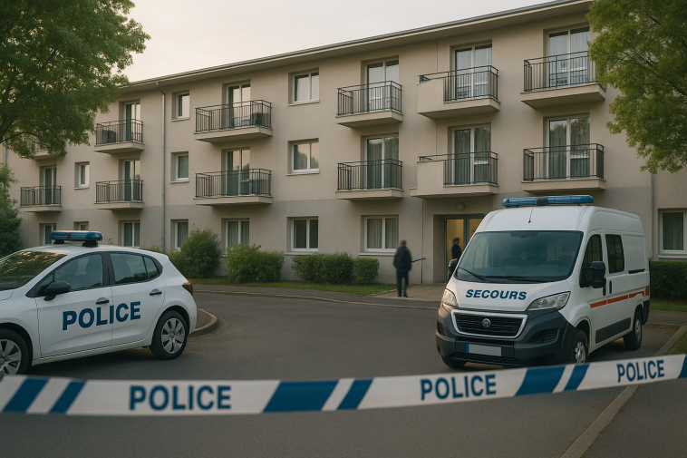 Façade d'une résidence pour seniors ceinturée par un ruban de police, avec véhicules de secours stationnés, sans personnes reconnaissables