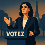 EN DIRECT — Municipales 2026 : Sophia Chikirou se maintient au second tour à Paris Illustration stylisée d’une femme politique prenant la parole devant un pupitre, silhouette de la silhouette parisienne en arrière‑plan