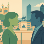 Silhouettes stylisées de deux candidats devant la skyline de Lyon (Fourvière, Place Bellecour), couleurs distinctes vert et bleu