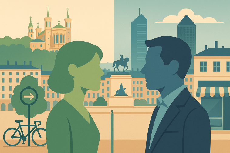 Silhouettes stylisées de deux candidats devant la skyline de Lyon (Fourvière, Place Bellecour), couleurs distinctes vert et bleu