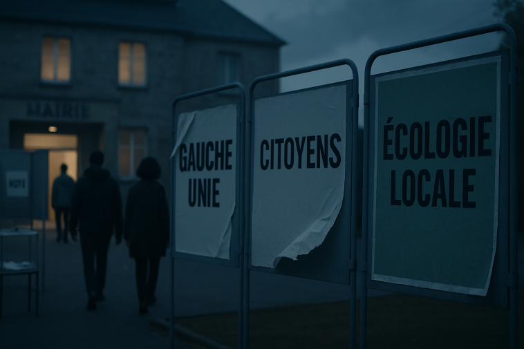 Affiches génériques de listes de gauche et électeurs devant un bureau de vote presque vide