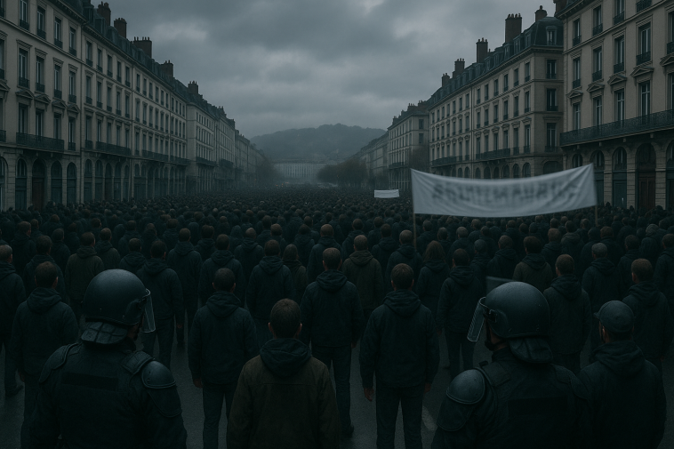 Place de la marche à Lyon avec foule, drapeaux non-identifiables, forces de l'ordre en surveillance