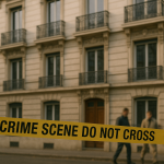 Façade d’un immeuble résidentiel de Lyon barrée par un ruban de police, silhouettes floues d’enquêteurs en arrière-plan, matin clair