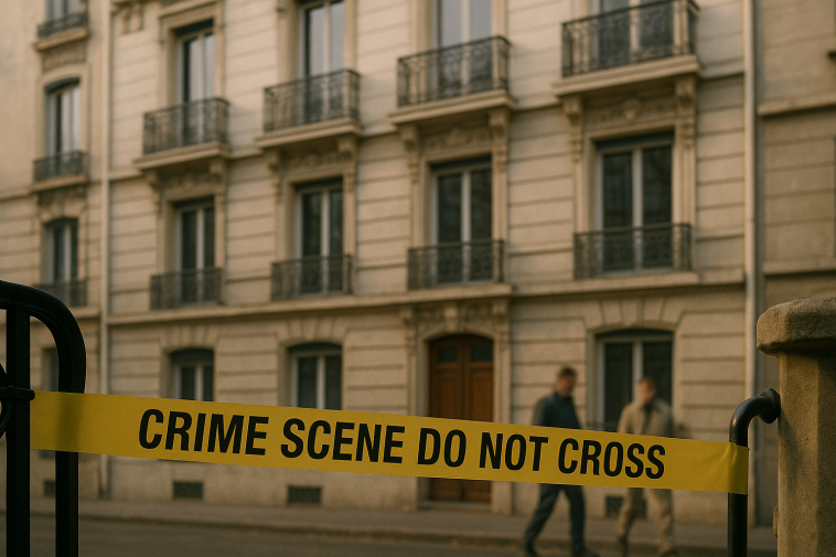 Façade d’un immeuble résidentiel de Lyon barrée par un ruban de police, silhouettes floues d’enquêteurs en arrière-plan, matin clair