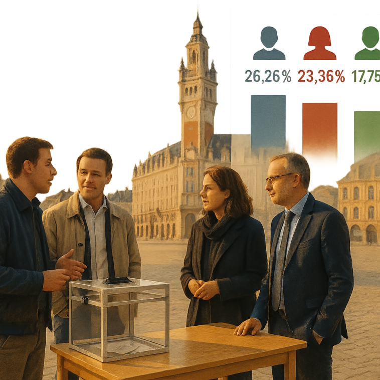 Vue stylisée du centre de Lille avec des silhouettes symboliques de trois candidats et un graphique de résultats électoraux superposé