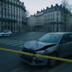Croisement urbain de Lyon au petit matin, voiture accidentée sur le bas-côté avec rubalise policière, sans personnes identifiables