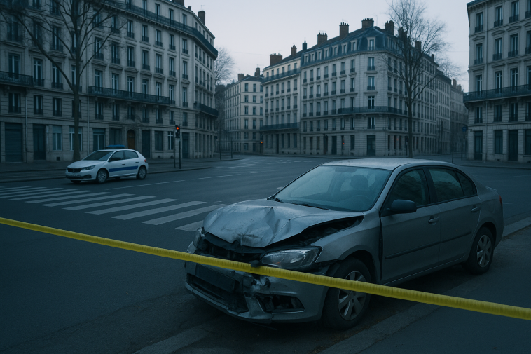Croisement urbain de Lyon au petit matin, voiture accidentée sur le bas-côté avec rubalise policière, sans personnes identifiables