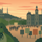 Lyon 2026 : Doucet et Aulas, quel avenir pour la ville ? Silhouettes symboliques d'une ville divisée : verdure et vélo à gauche, bâtiment administratif et stades à droite, foule distancée au centre