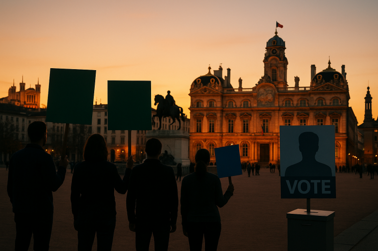 Panorama de Lyon avec silhouettes anonymes de militants et éléments électoraux