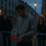 Scène de rue nocturne floue montrant un jeune homme immobile entouré de passants, téléphones levés, rubalise policière en arrière-plan