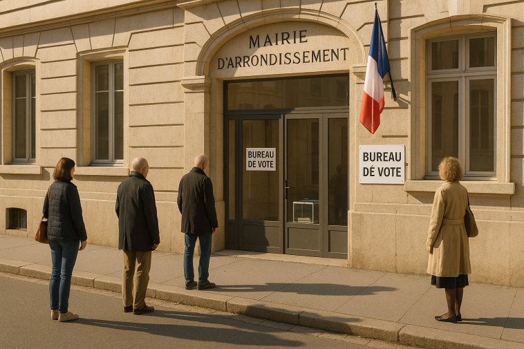 Une file d’électeurs devant un bureau de vote municipal à Lyon, drapeaux tricolores discrets, urne et panneaux de signalisation « bureau de vote » visibles, sans visages reconnaissables.