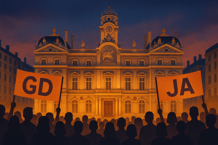 Façade de l’hôtel de ville de Lyon au crépuscule avec silhouettes de manifestants et deux banderoles stylisées
