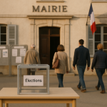 Municipales 2026 : une France fragmentée mais soulagée Façade d'une mairie locale avec une urne et des habitants anonymes attendant de voter