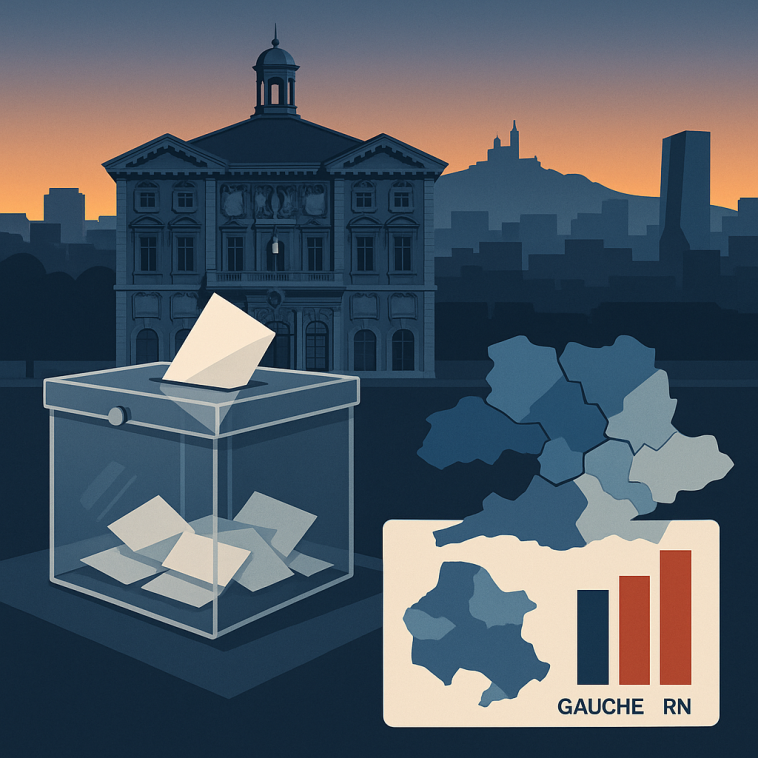 Vue stylisée de Marseille avec la mairie en silhouette, urnes et graphiques électoraux superposés