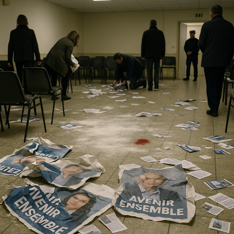 Intérieur d'une salle de réunion municipale après une perturbation: traces blanches au sol, affiches électorales froissées et silhouettes de personnes, police à l'entrée (visages floutés)