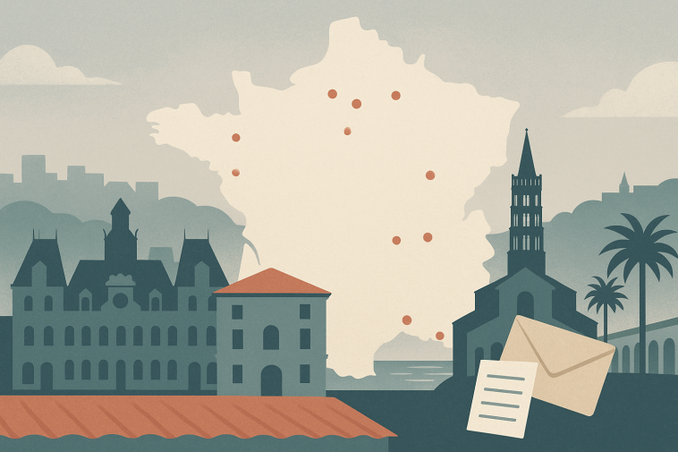 Montage stylisé des mairies et monuments de Paris, Marseille, Toulouse et Nice avec une carte de France pointant les 12 grandes villes