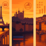 Triptyque stylisé montrant les silhouettes de Paris, Lyon et Marseille au coucher du soleil, drapeaux politiques abstraits sans logos