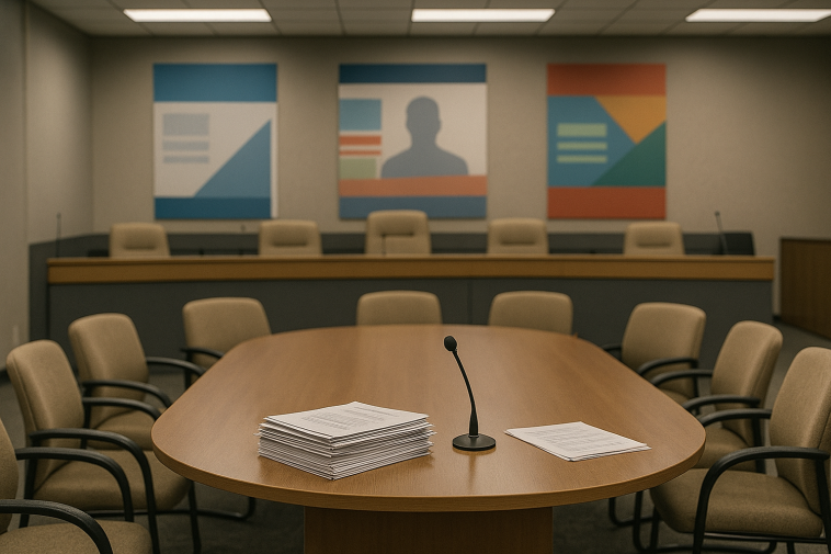 Vue stylisée d’une salle de réunion municipale vide avec affiches électorales génériques floutées en arrière-plan
