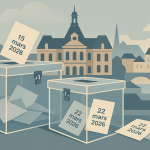 Municipales 2026 : ce que disent dix villes clés du second tour Collage stylisé de silhouettes d'hôtels de ville français, urnes et bulletins de vote datés 15 et 22 mars 2026, sans visages reconnaissables.