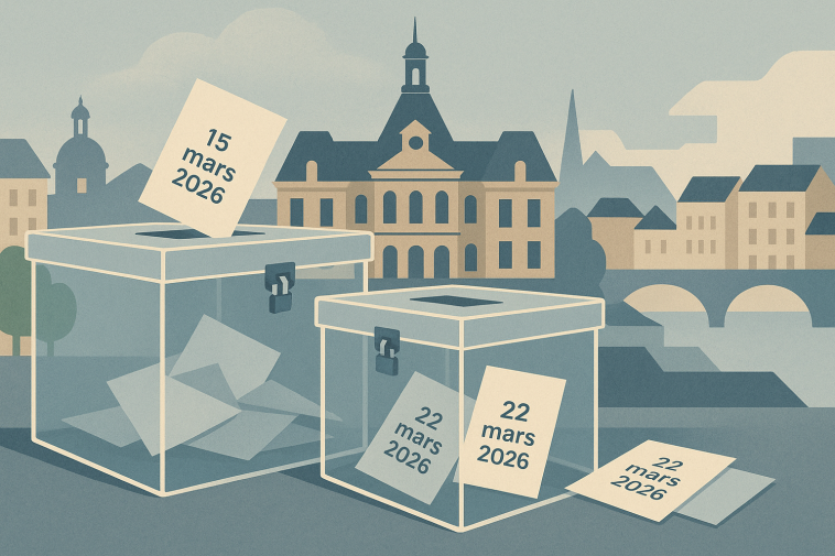 Collage stylisé de silhouettes d'hôtels de ville français, urnes et bulletins de vote datés 15 et 22 mars 2026, sans visages reconnaissables.