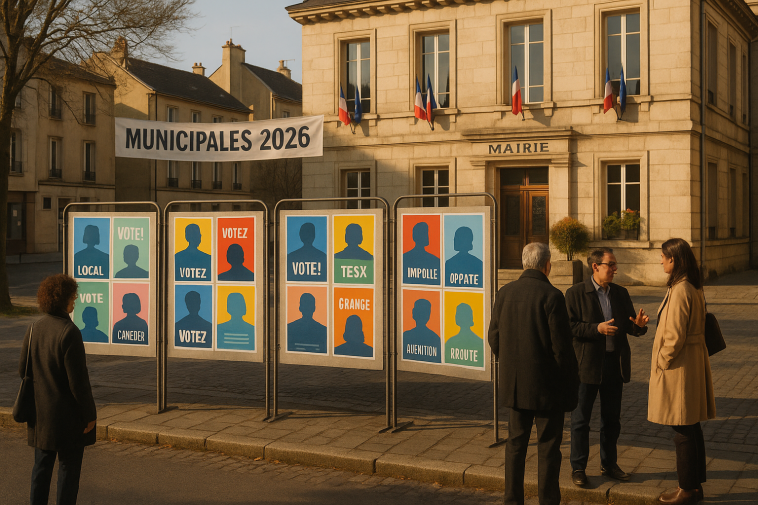 Illustration : campagne municipale, affiches politiques et réunions locales dans une rue urbaine
