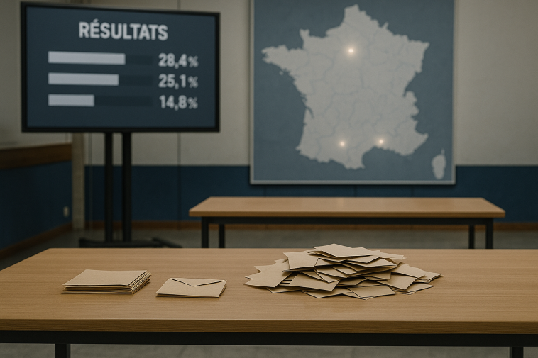 Salle de dépouillement vide avec affiches électorales stylisées et carte de France en arrière-plan, captures de résultats en cours de publication