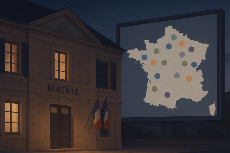 Vue stylisée d'une mairie française avec une carte de France en arrière-plan indiquant des tendances électorales