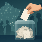 Municipales 2026 : vers un second tour à haut suspense Urne et bulletin de vote sur fond de carte stylisée de communes, silhouettes neutres de citoyens en arrière-plan