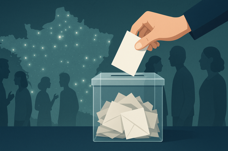 Urne et bulletin de vote sur fond de carte stylisée de communes, silhouettes neutres de citoyens en arrière-plan