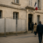 Municipales: un second tour à haut suspense Vue d’une mairie de ville française encadrée par des panneaux électoraux neutres et des électeurs anonymes entrant dans un bureau de vote